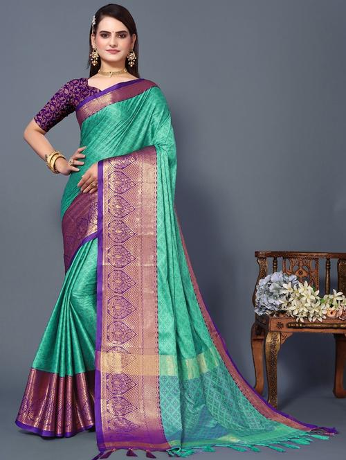turquoise self design bordered saree with blouse - 20822051 - Very Small Image - 1