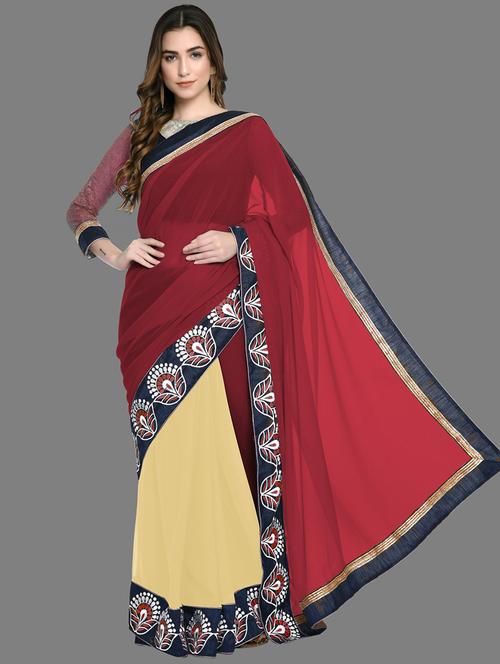 women beige solid lace work saree with blouse - 20822060 - Very Small Image - 1