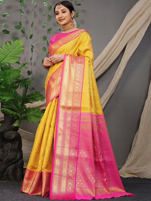 yellow self design kanjivaram saree with blouse - 20822063 - Very Small Image - 1