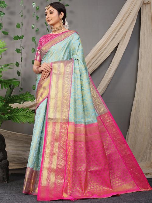 turquoise self design kanjivaram saree with blouse - 20822067 - Very Small Image - 1