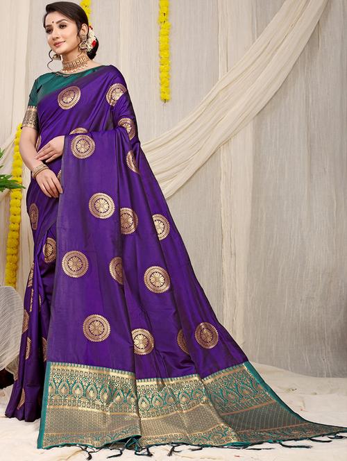 women blue self design kanjivaram saree with blouse - 20822075 - Very Small Image - 1