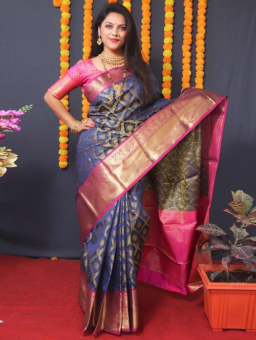 women blue kanjivaram saree - 20822094 - Very Small Image - 1