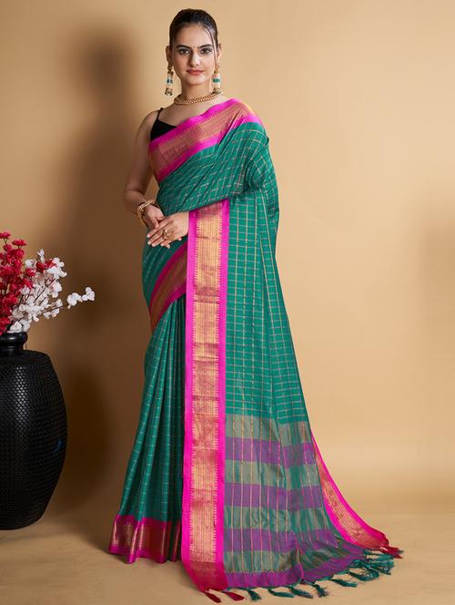 women teal checks chettinadu saree - 20822434 - Very Small Image - 1