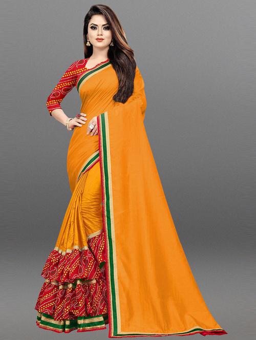 women yellow solid ruffle lace work saree with blouse - 20822538 - Very Small Image - 1