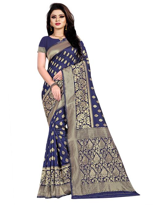 navy blue self design banarasi saree with blouse - 20822678 - Very Small Image - 1