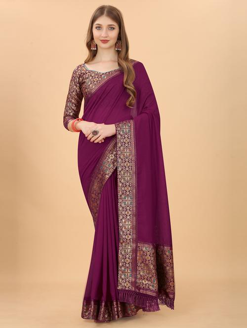 women purple solid bordered saree with blouse - 20822714 - Very Small Image - 1