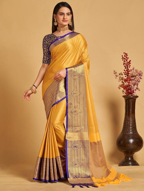 mustard self design bordered saree with blouse - 20822812 - Very Small Image - 1
