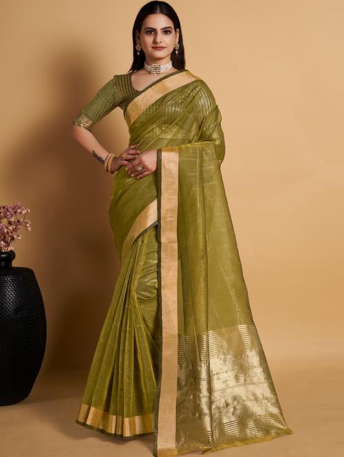 women green self design banarasi saree with blouse - 20822932 - Very Small Image - 1