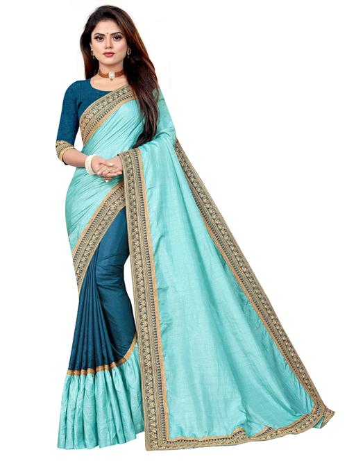 women blue solid bordered saree with blouse - 20823105 - Very Small Image - 1