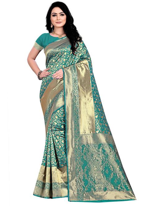 women turquoise self design banarasi saree with blouse - 20823137 - Very Small Image - 1