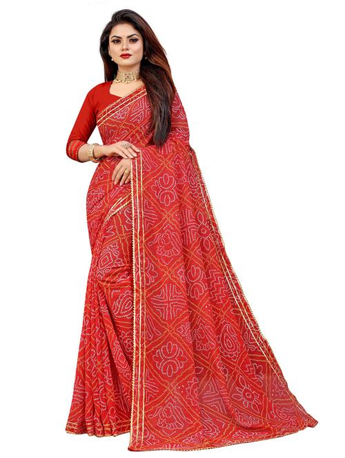 women red bandhani printed saree with blouse - 20823196 - Very Small Image - 1