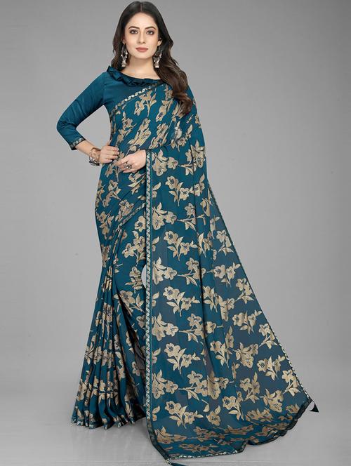 women blue floral printed saree with blouse - 20823223 - Very Small Image - 1