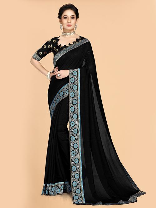 women black solid bordered saree with blouse - 20823334 - Very Small Image - 1