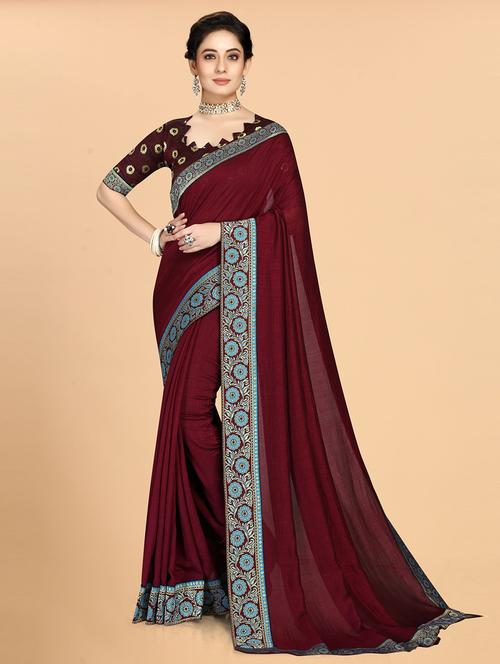 women maroon solid bordered saree with blouse - 20823346 - Very Small Image - 1