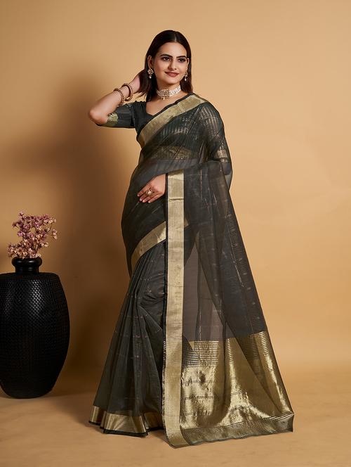 women grey self design bordered saree - 20823407 - Very Small Image - 1