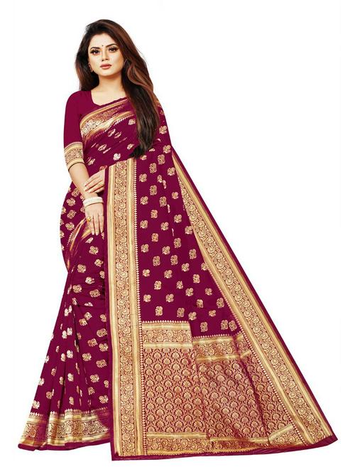 women maroon self design banarasi saree with blouse - 20823433 - Very Small Image - 1