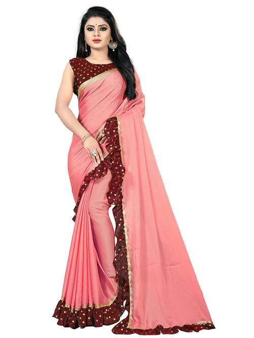 women pink solid ruffle lace work saree - 20823445 - Very Small Image - 1