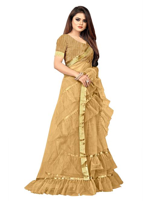 women beige ruffle solid lace work saree - 20823488 - Very Small Image - 1