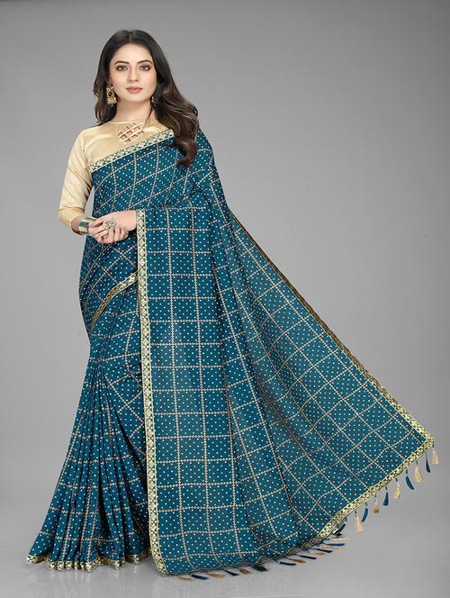 women teal printed georgette saree with blouse - 20823527 - Very Small Image - 1
