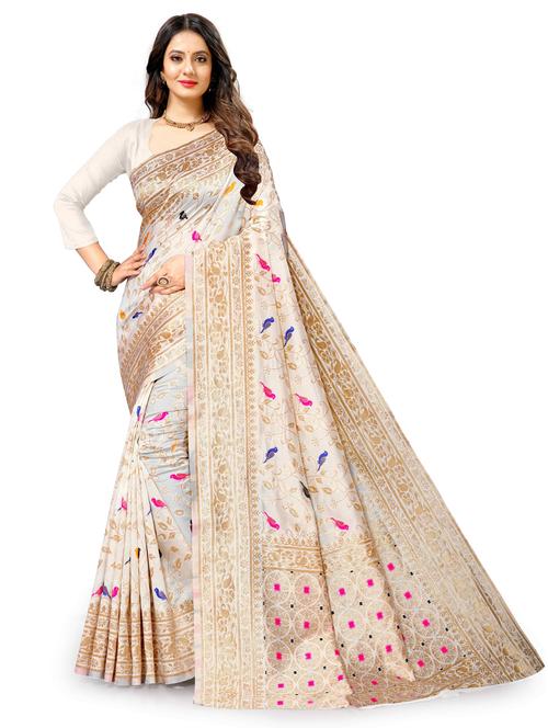 off white self design banarasi saree with blouse - 20825865 - Very Small Image - 1