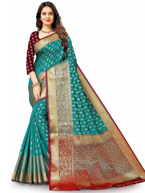 women turquoise self design banarasi saree with blouse - 20826225 - Very Small Image - 1