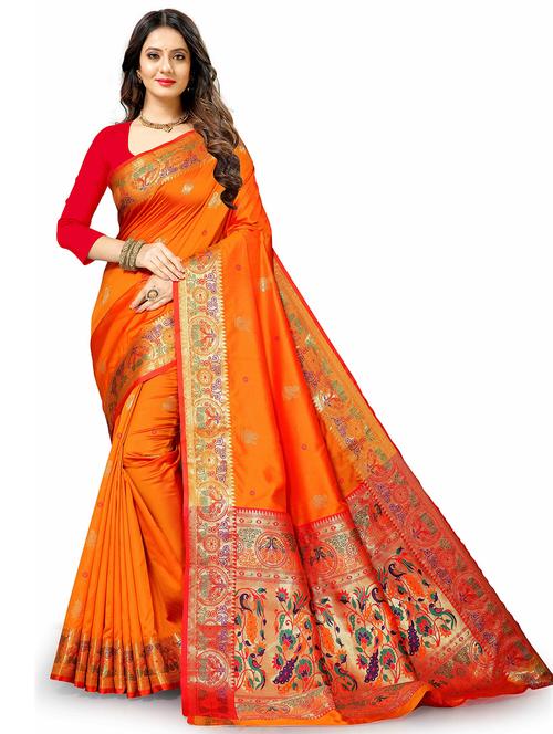 orange self design banarasi saree with blouse - 20826231 - Very Small Image - 1