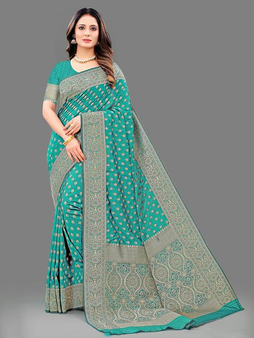 turquoise self design banarasi saree with blouse - 20826251 - Very Small Image - 1