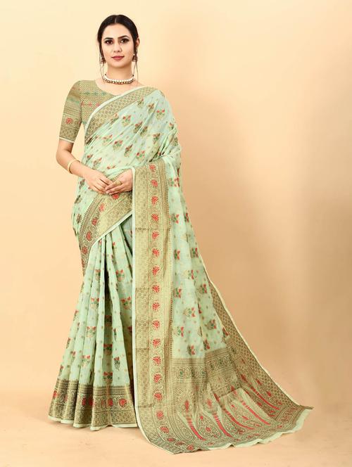 neo mint self design banarasi saree with blouse - 20826258 - Very Small Image - 1