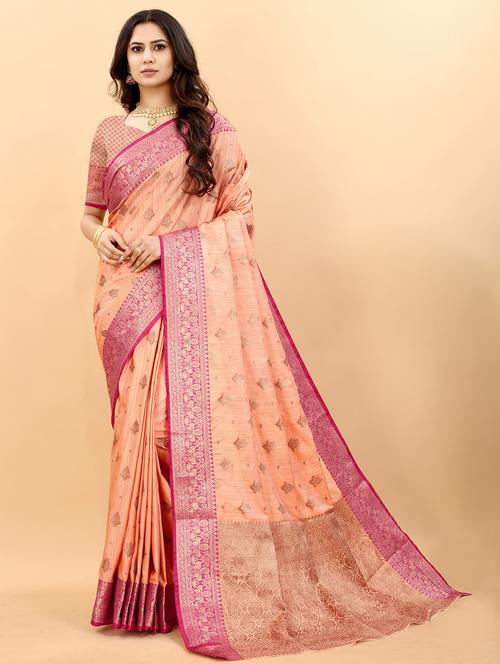 peach self design banarasi saree with blouse - 20826261 - Very Small Image - 1