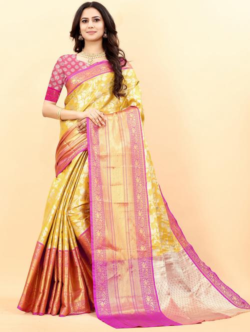 yellow self design banarasi saree with blouse - 20826272 - Very Small Image - 1