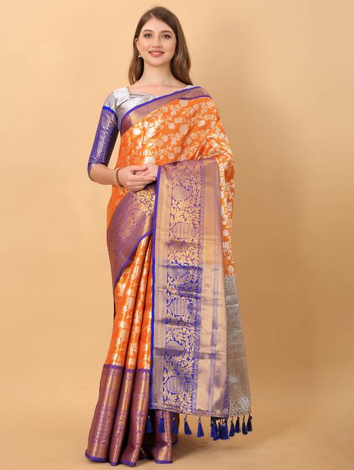 orange self design banarasi saree with blouse - 20826274 - Very Small Image - 1