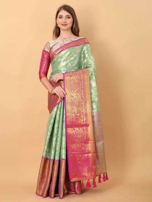 neo mint self design banarasi saree with blouse - 20826277 - Very Small Image - 1