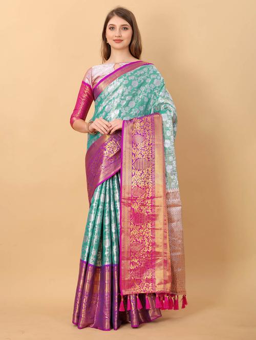 turquoise self design banarasi saree with blouse - 20826278 - Very Small Image - 1