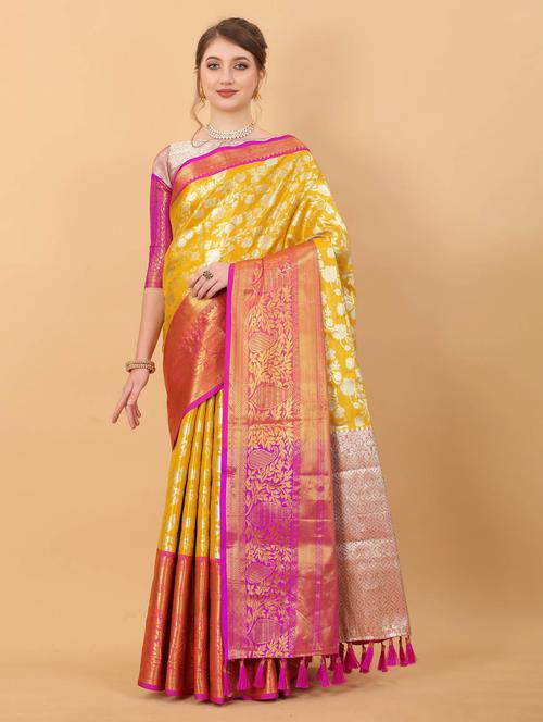 yellow self design banarasi saree with blouse - 20826280 - Very Small Image - 1