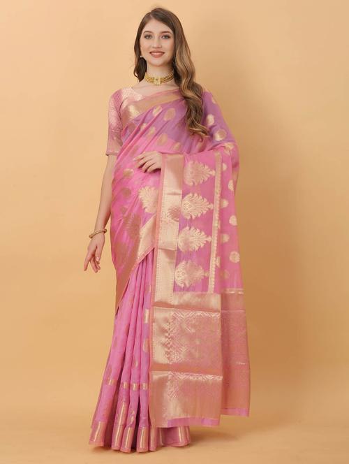 pink self design banarasi saree with blouse - 20826284 - Very Small Image - 1