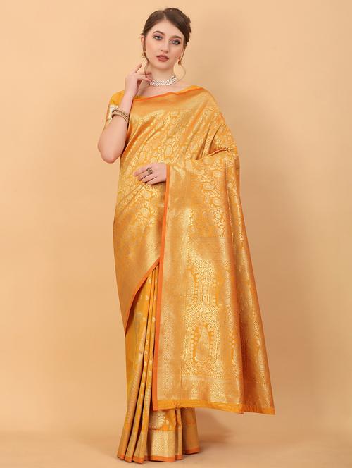 yellow self design banarasi saree with blouse - 20826302 - Very Small Image - 1
