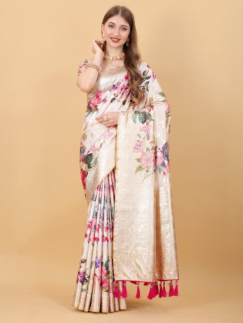 women off-white self design banarasi saree with blouse - 20826314 - Very Small Image - 1