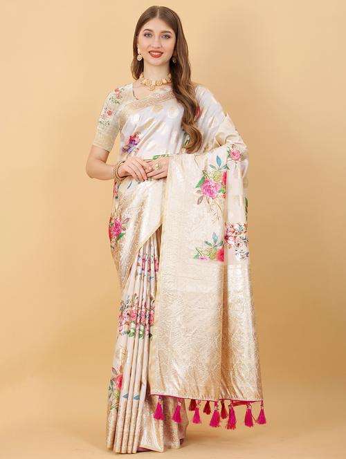 women cream self design banarasi saree with blouse - 20826317 - Very Small Image - 1