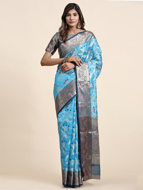 blue self design banarasi saree with blouse - 20826327 - Very Small Image - 1