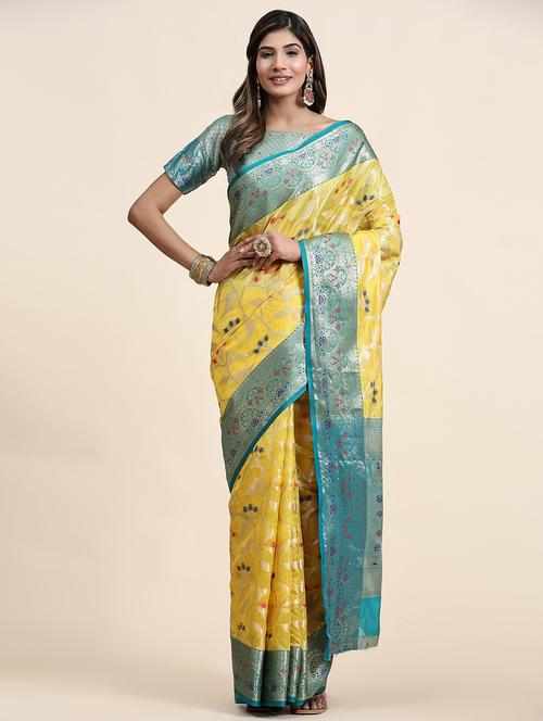 yellow self design banarasi saree with blouse - 20826328 - Very Small Image - 1