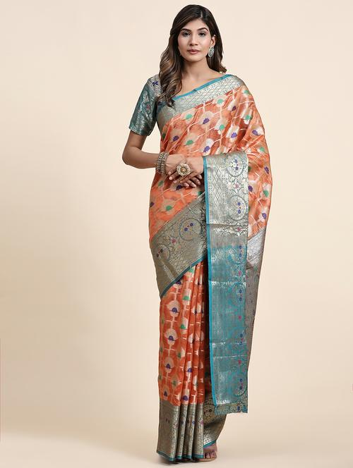 orange self design banarasi saree with blouse - 20826329 - Very Small Image - 1
