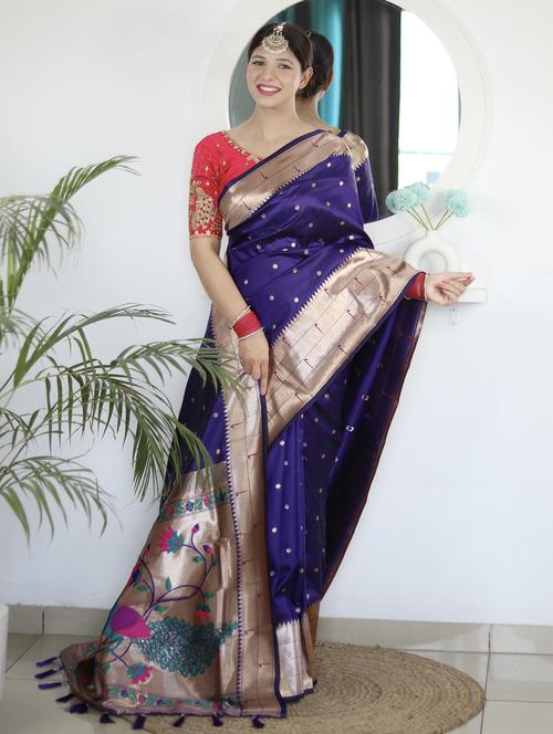 navy blue self design paithani saree with blouse - 20826364 - Very Small Image - 1