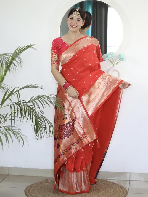 red self design paithani saree with blouse - 20826365 - Very Small Image - 1