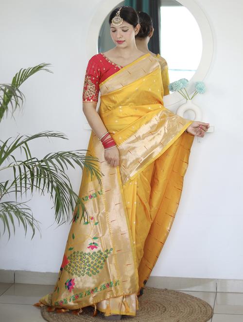 yellow self design paithani saree - 20826366 - Very Small Image - 1