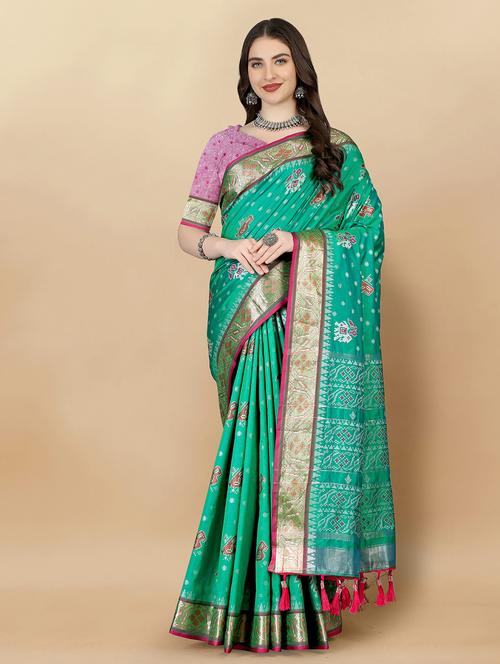 women green self design banarasi saree with blouse - 20826371 - Very Small Image - 1