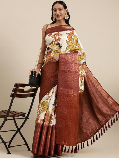 women off-white printed bordered saree with blouse - 20826381 - Very Small Image - 1
