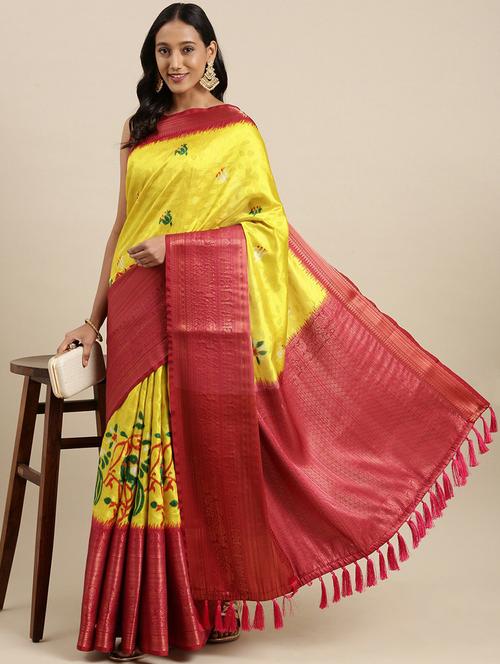 women yellow self design banarasi saree with blouse - 20826389 - Very Small Image - 1