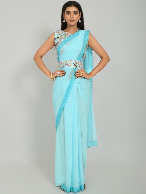 women light blue solid lace work saree with blouse - 20826406 - Very Small Image - 1