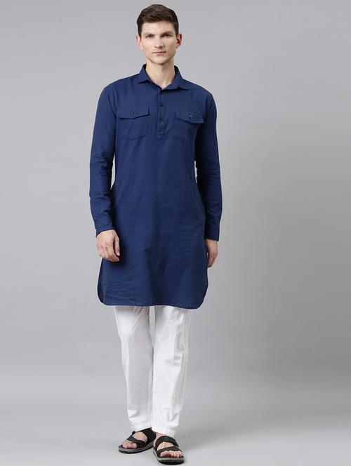 navy blue shirt collar paithani kurta - 20827421 - Very Small Image - 1