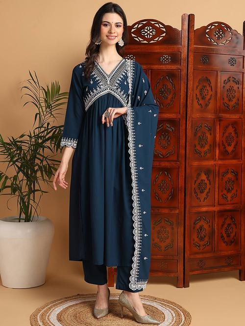 women blue v neck kurta pant set with dupatta - 20829936 - Very Small Image - 1